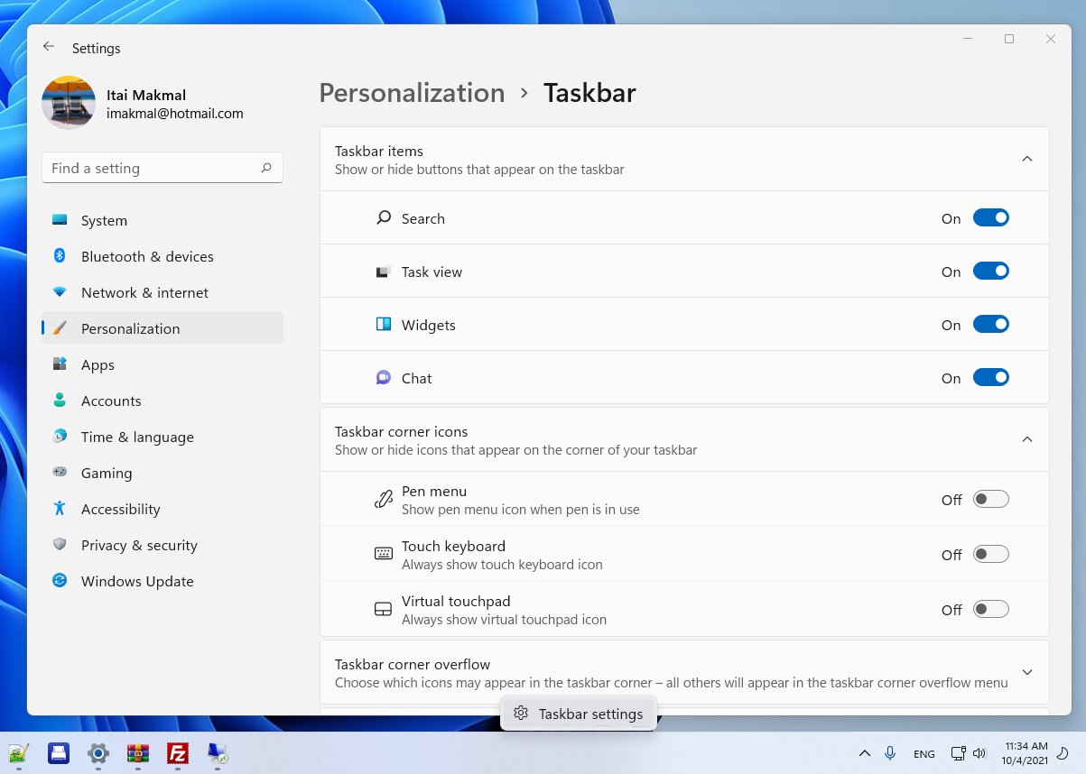 הגדרות ה-TaskBar ב-Windows 11